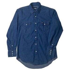 Wrangler Denim Pearl Snap Work Shirt Mens Medium Rugged Cowboy Western
